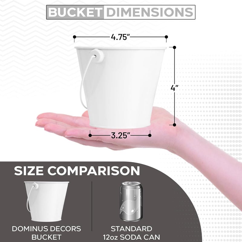 Dominus Decors Small Metal Buckets with Handles - Rust Resistant Leak-Proof Mini Tin Buckets for Classroom, Party Favors, Organization, Weddings, Gardening - Set of 6, White - Image 2